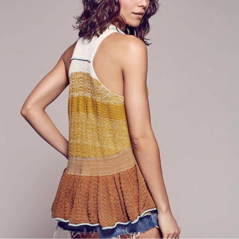 FREE PEOPLE Sweater S PEPLUM Polo Tunic Dress Racerback Pointelle Knit Hook Eye